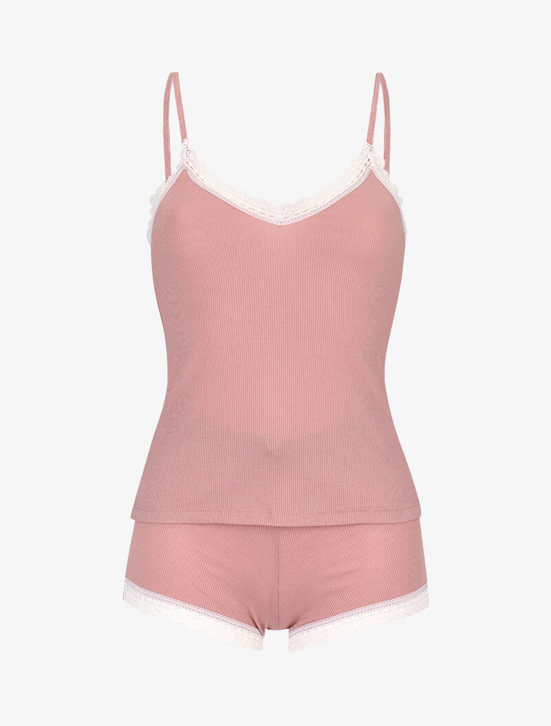 Geribbelde cami en short set - roze - Image 2