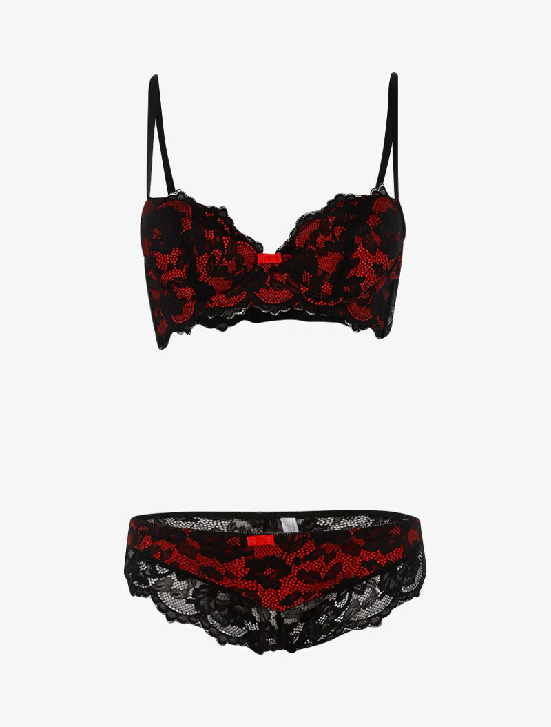 Kantenset met voering en string - zwart/rood