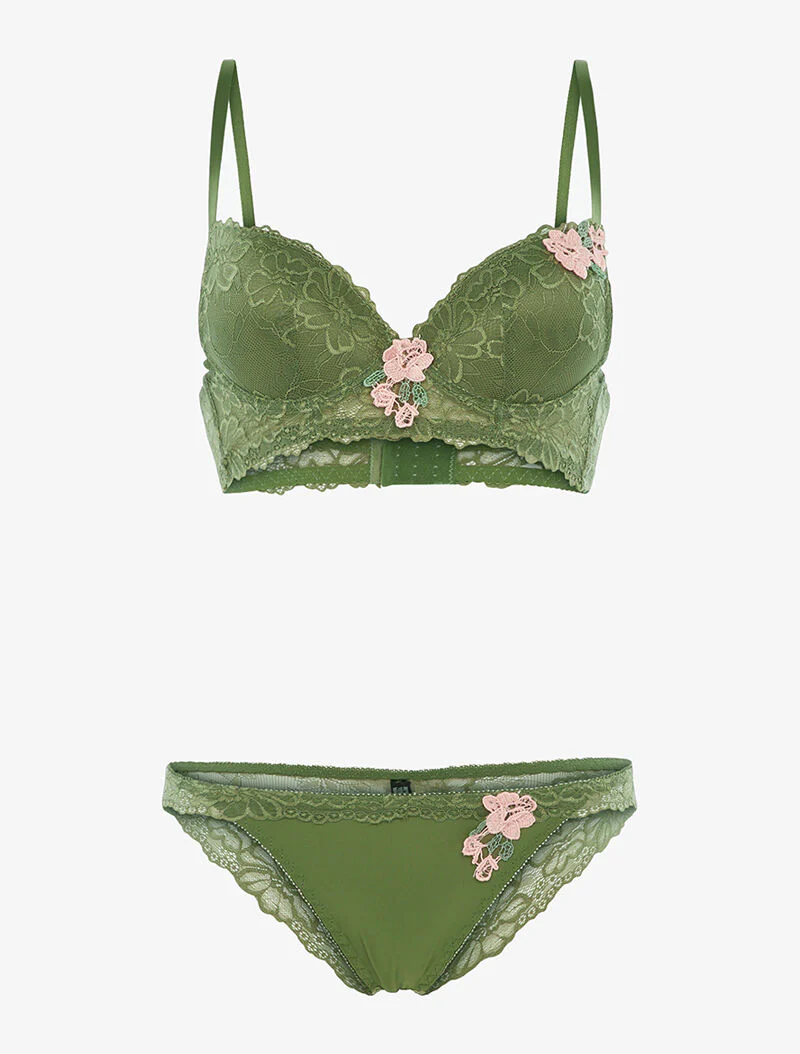 Set SG en string met geborduurde bloemeninzet - kaki