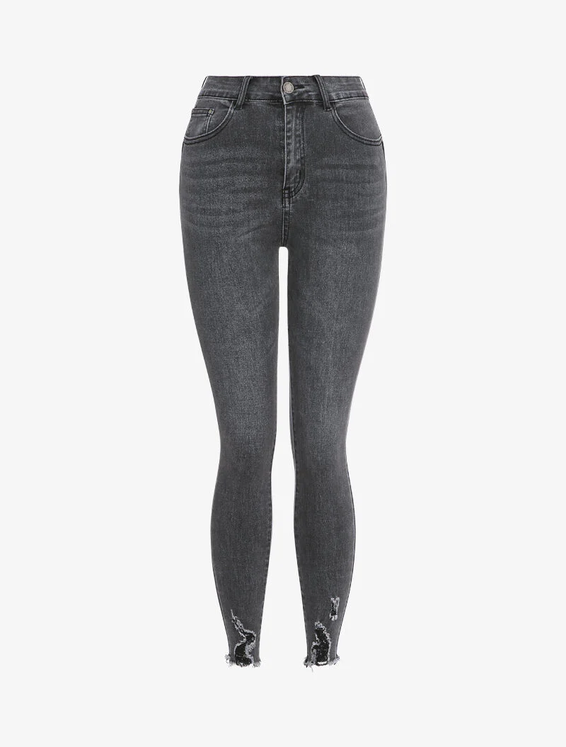 Skinny jeans met gewassen effect en gescheurde onafgewerkte randen - Grijs