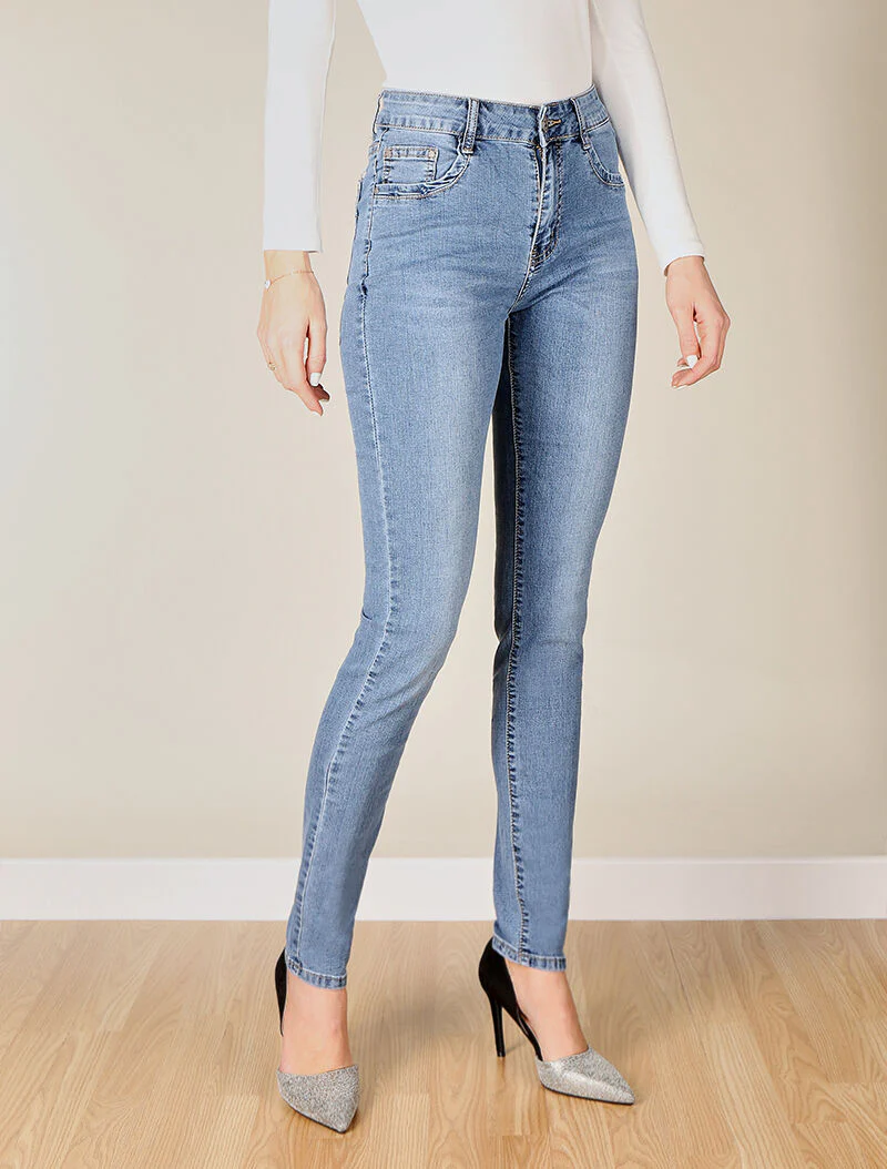 Skinny jeans met strass op de achterzakken - licht denim