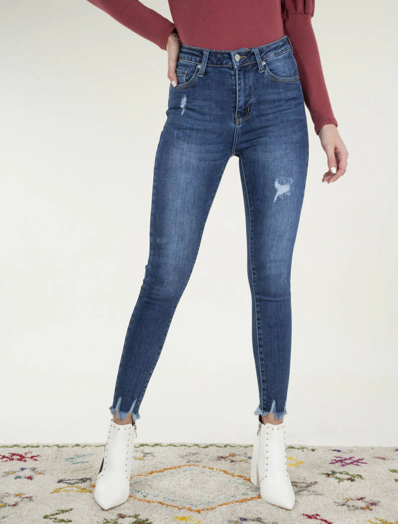 Skinny jeans met rafelige randen - blauw denim