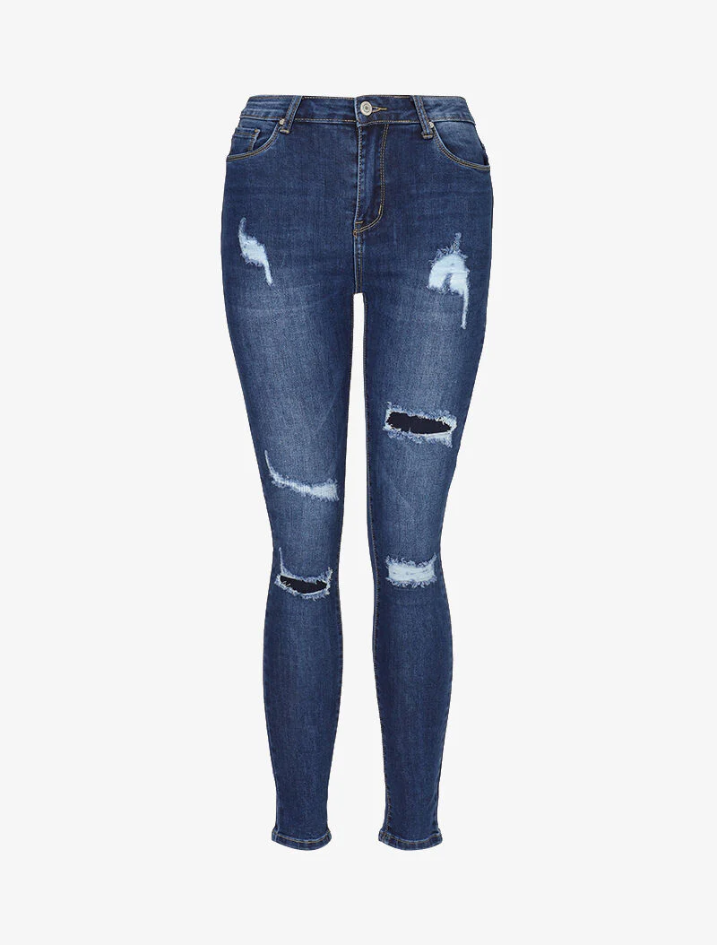 Skinny jeans met dubbele scheuren - blauw denim