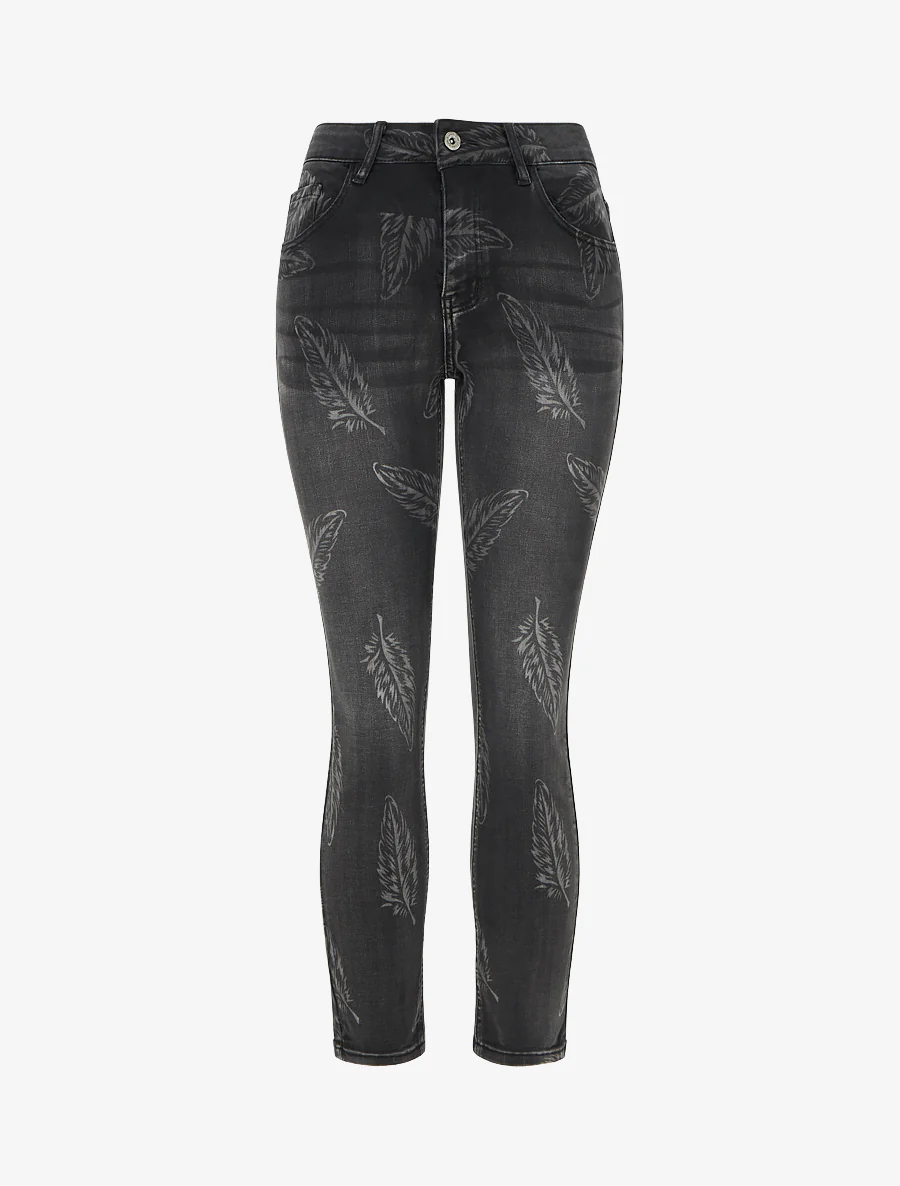 Skinny jeans met hoge taille en verenprint - Antracietgrijs