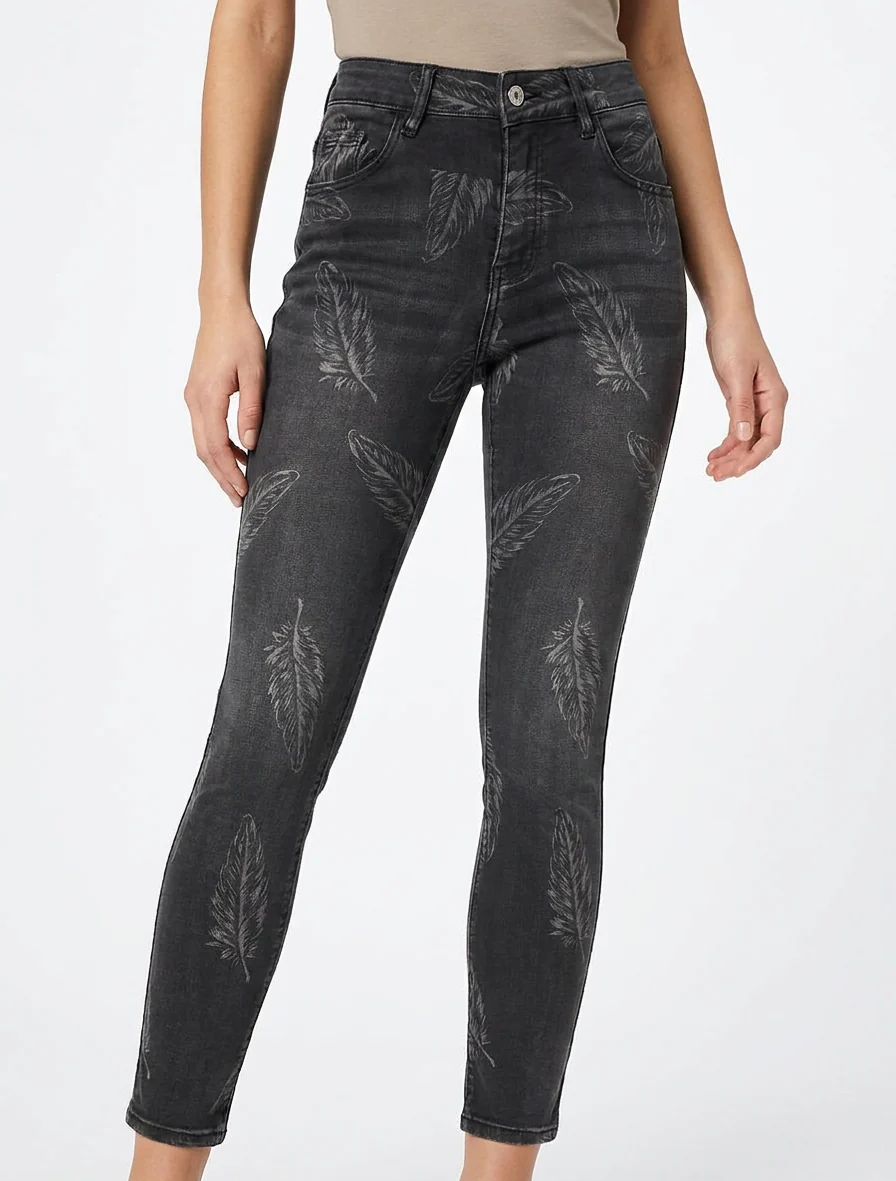 Skinny jeans met hoge taille en verenprint - Antracietgrijs - Image 4