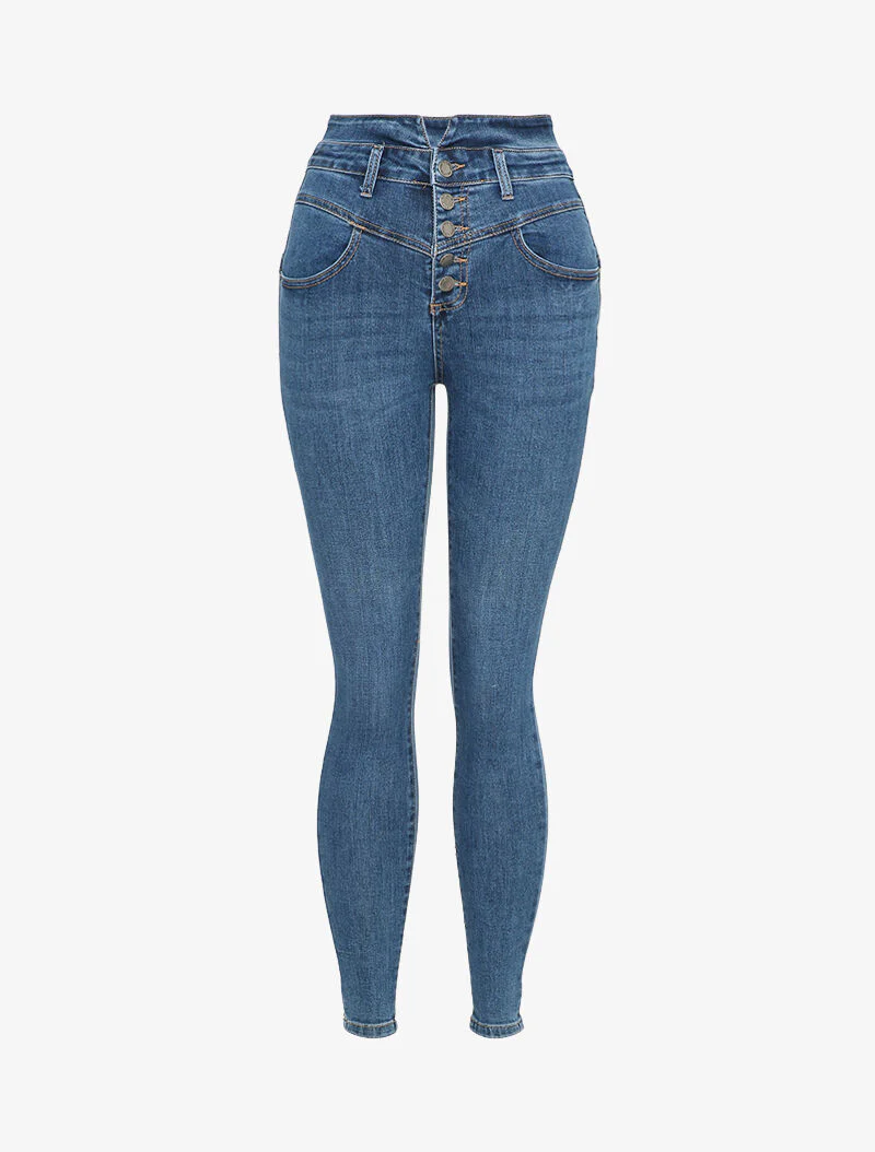 Skinny jeans met hoge taille en knopen - Blauw
