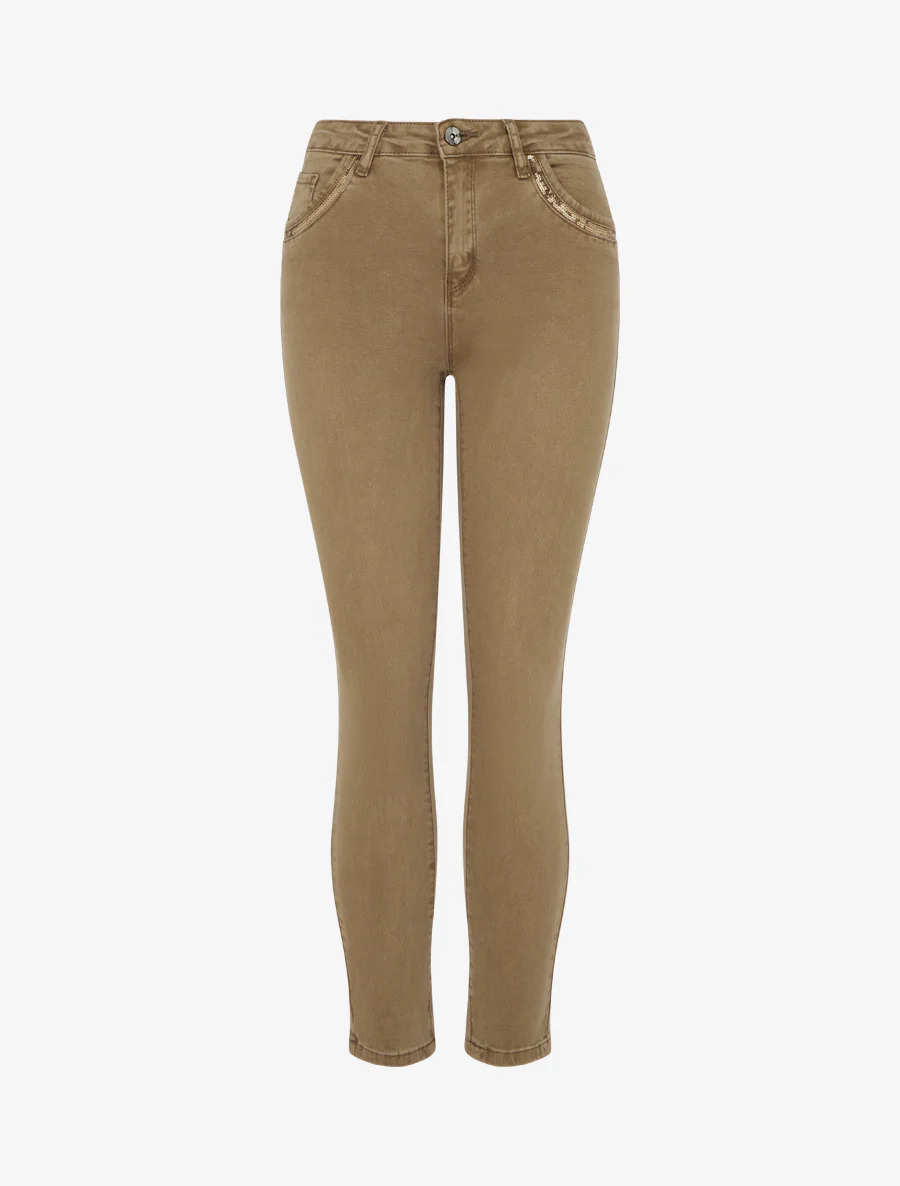 Skinny jeans met pailletten zakken - Lichtbruin