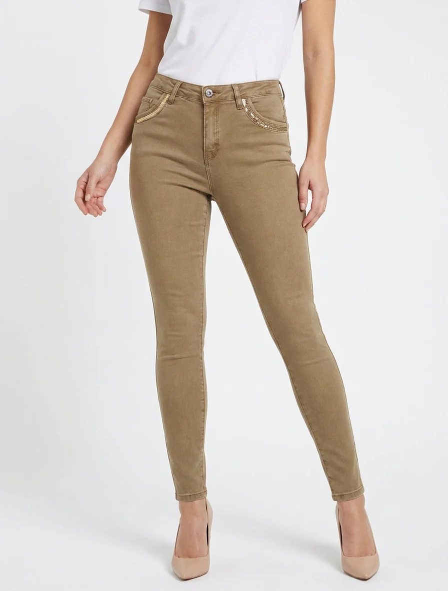 Skinny jeans met pailletten zakken - Lichtbruin - Image 4