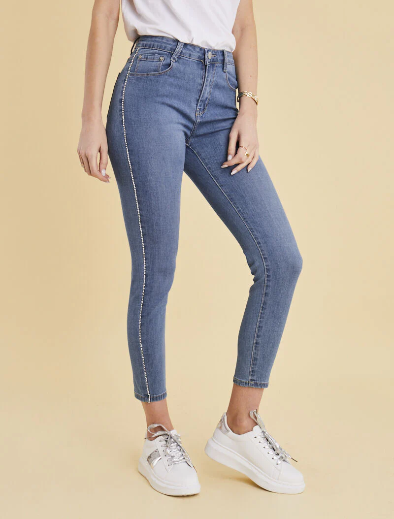 Skinny jeans met strass biezen - blauw denim