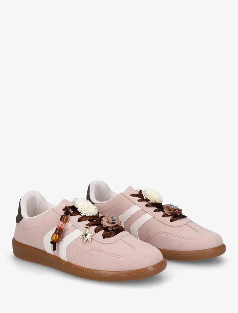 Sneakers met bloemen- en houten parelinzetstukken - Oudroze - Image 4