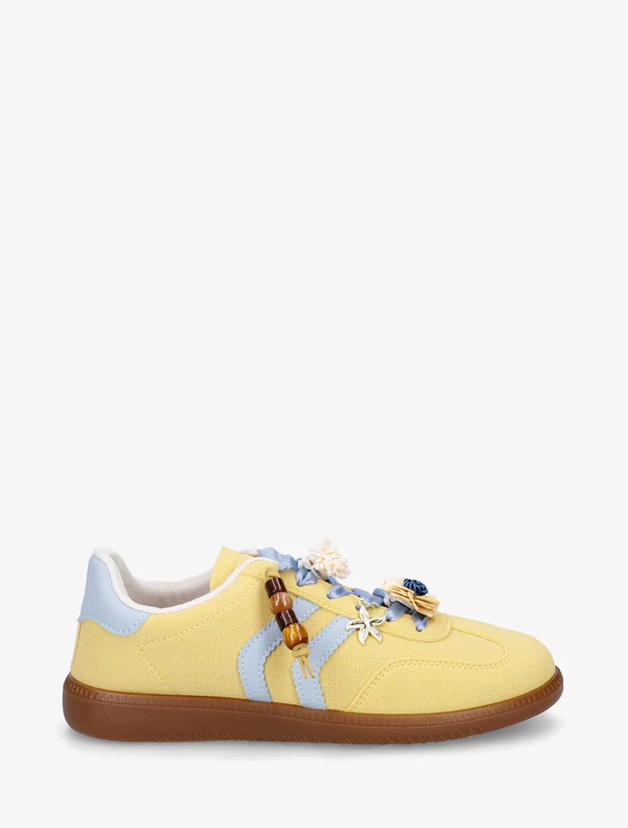 Sneakers met bloemeninzetstukken en contrasterende strepen - Geel