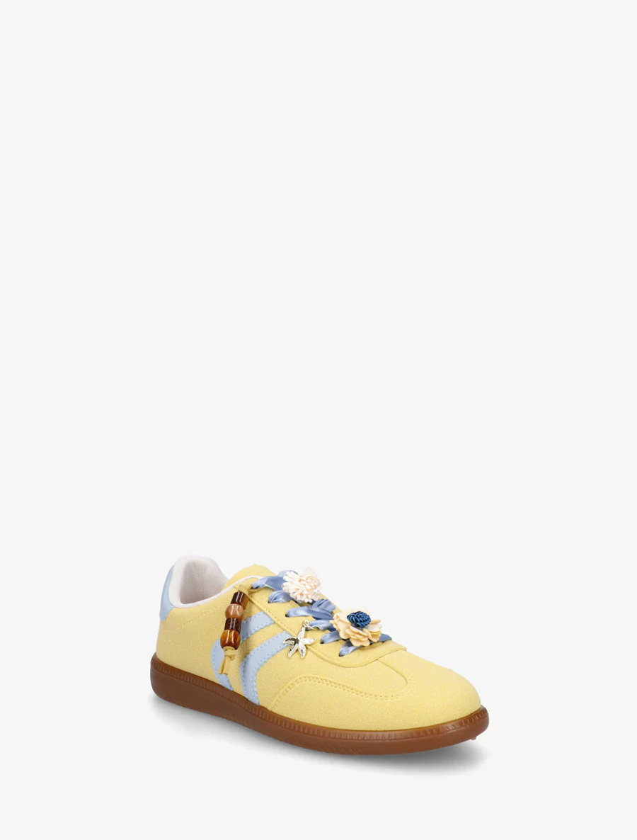 Sneakers met bloemeninzetstukken en contrasterende strepen - Geel - Image 2
