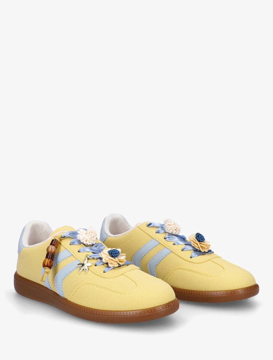 Sneakers met bloemeninzetstukken en contrasterende strepen - Geel - Image 4