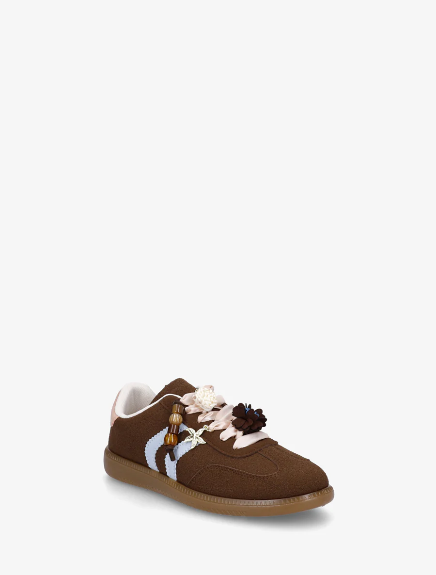 Sneakers met bloemeninzetstukken en contrasterende strepen - Bruin - Image 2