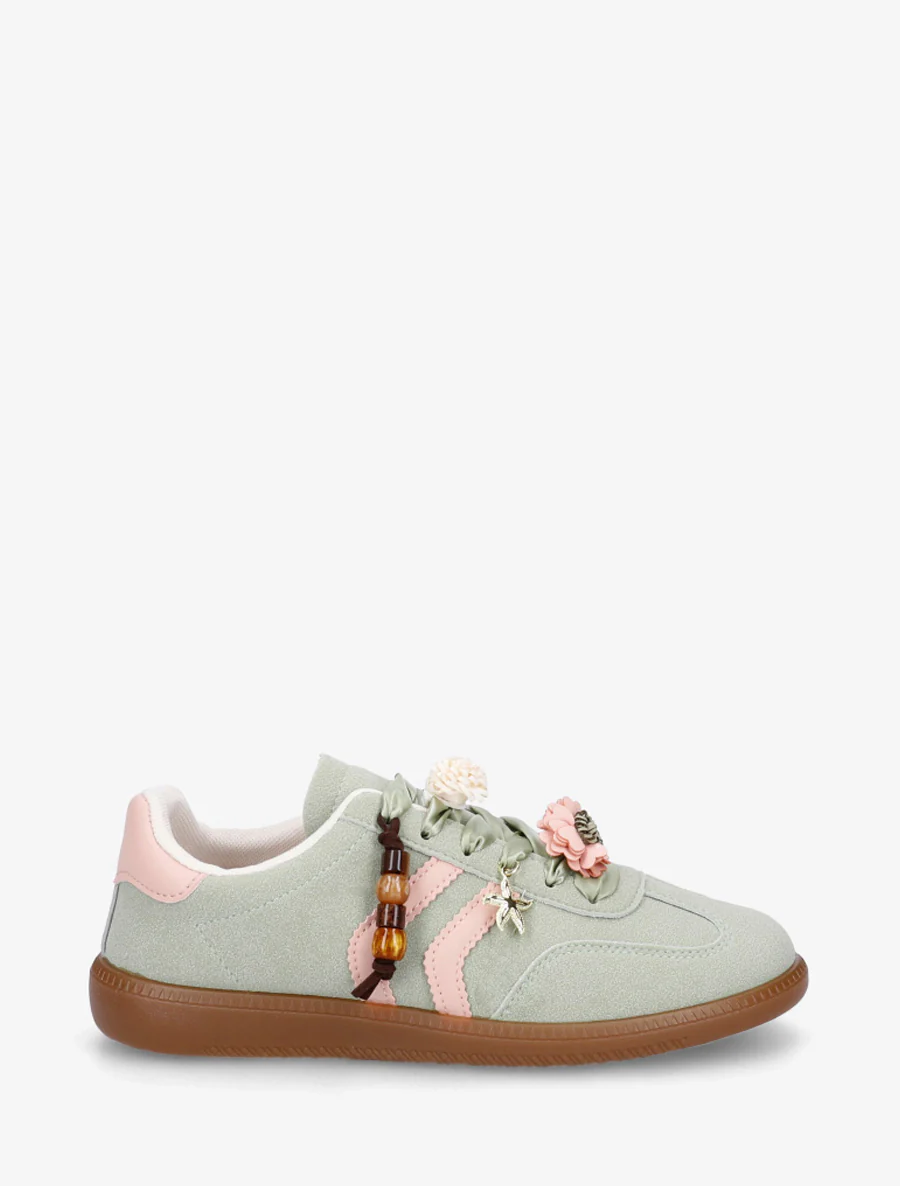 Sneakers met bloemeninzetstukken en contrasterende strepen - Watergroen