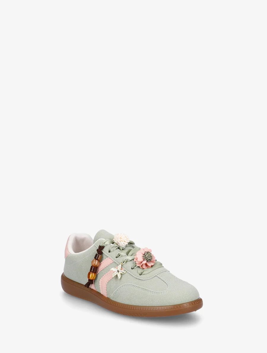 Sneakers met bloemeninzetstukken en contrasterende strepen - Watergroen - Image 2