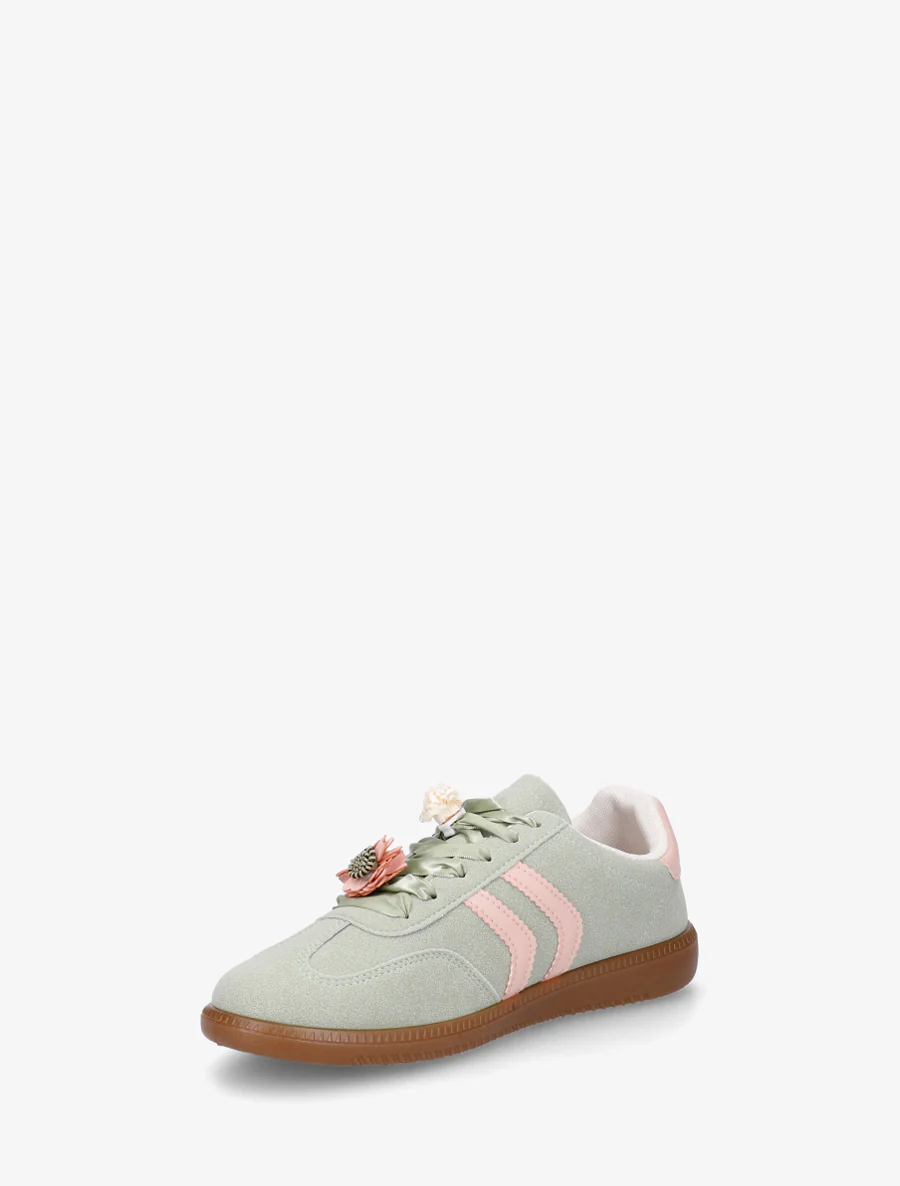 Sneakers met bloemeninzetstukken en contrasterende strepen - Watergroen - Image 3