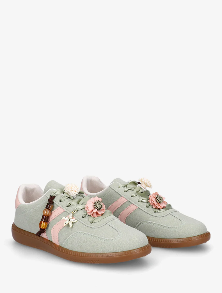 Sneakers met bloemeninzetstukken en contrasterende strepen - Watergroen - Image 4