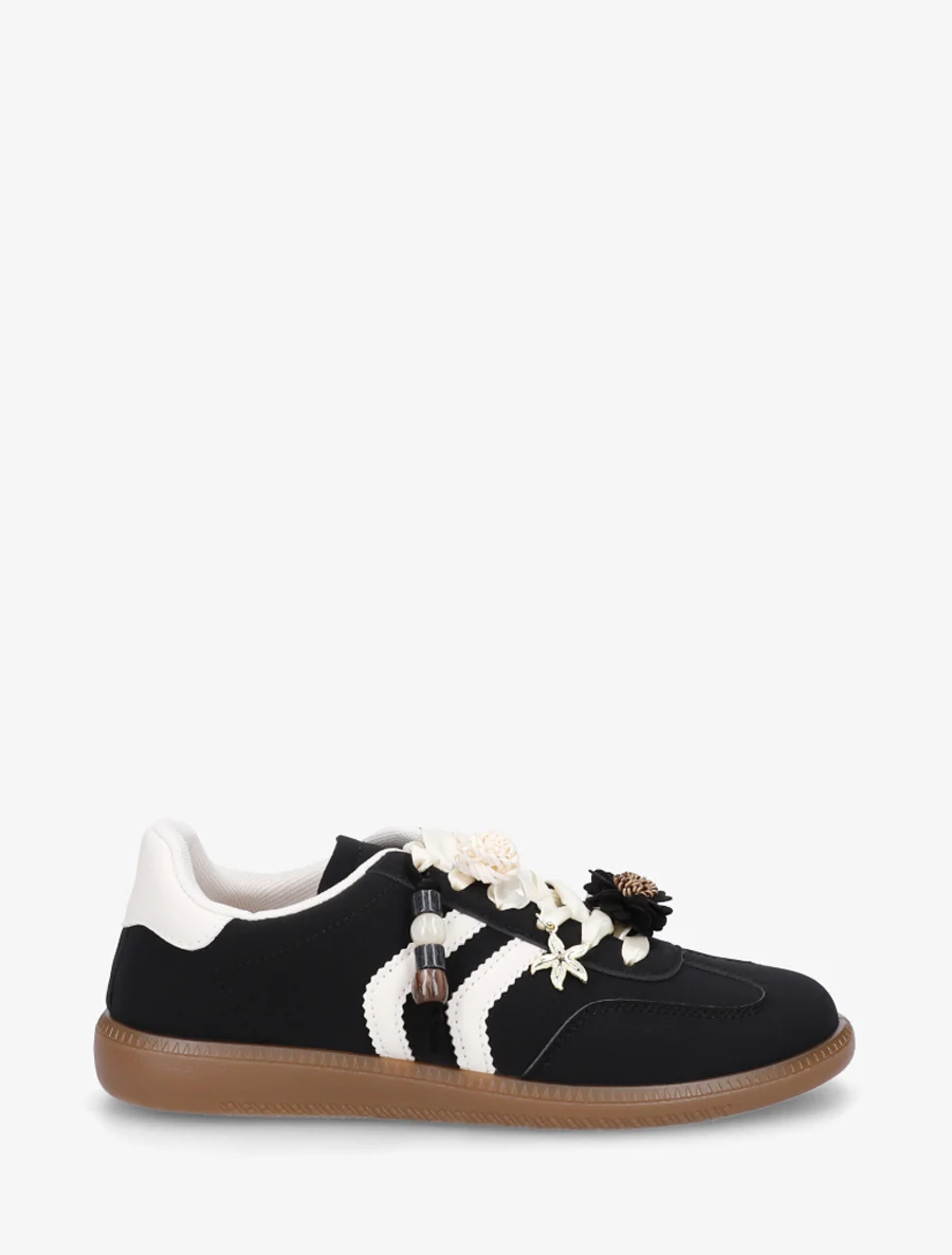 Sneakers met bloemeninzetstukken en contrasterende strepen - Zwart