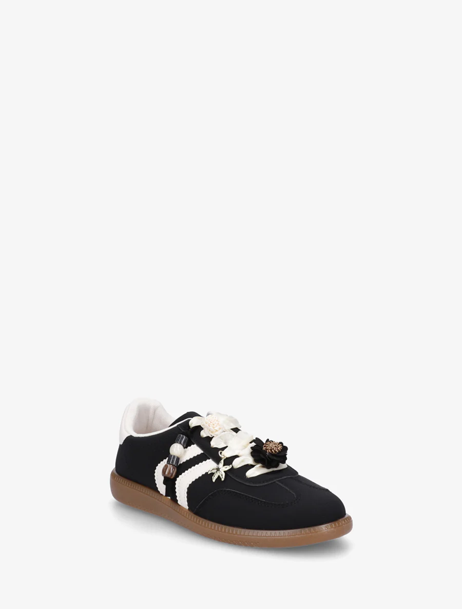 Sneakers met bloemeninzetstukken en contrasterende strepen - Zwart - Image 2