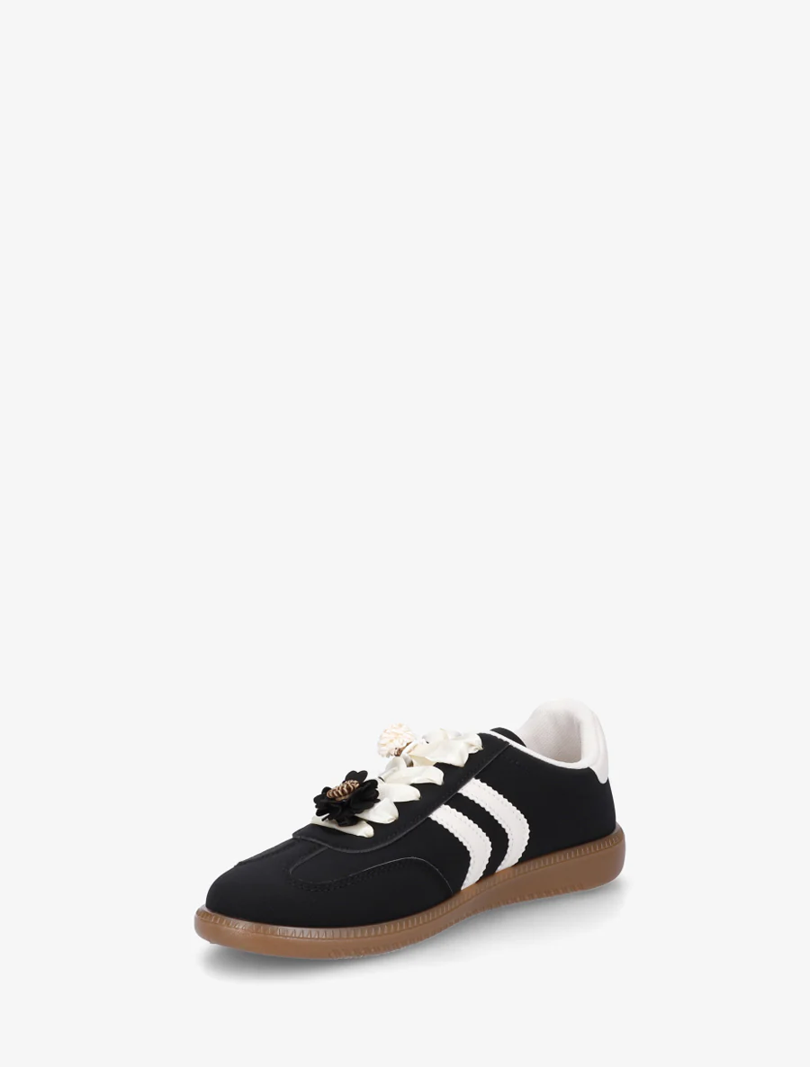 Sneakers met bloemeninzetstukken en contrasterende strepen - Zwart - Image 3