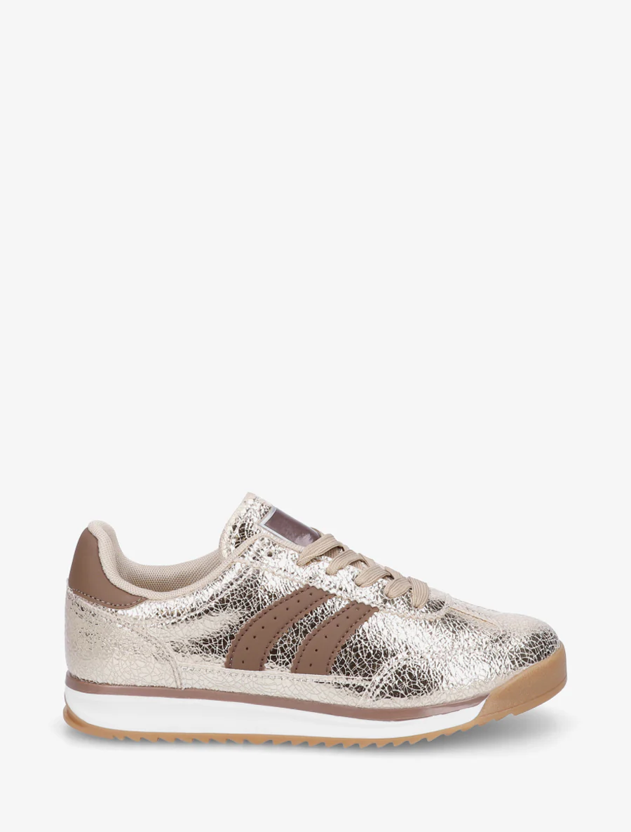 Sneakers met craquelé-effect, strepen en contrasterende hielstuk. - Goud