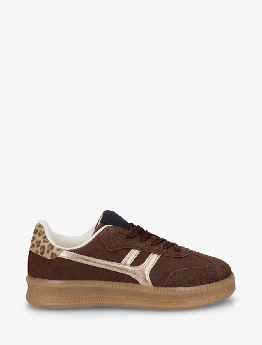 Sneakers met grafische inzetstukken en luipaardaccent. - Bruin