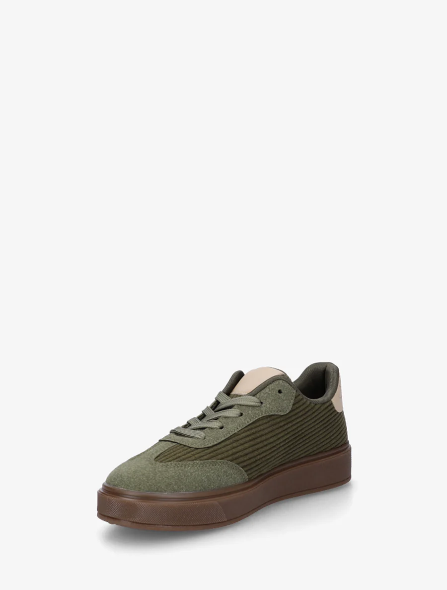 Sneakers met inzetstukken van stof en contrasterende banden. - Kaki - Image 3