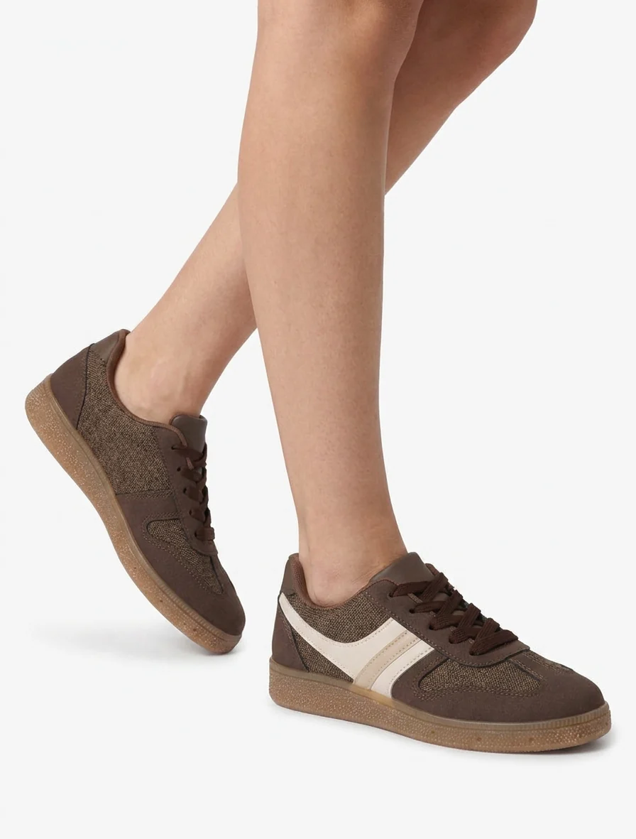 Sneakers met inzetstukken van stof met tweed-effect - Bruin - Image 5