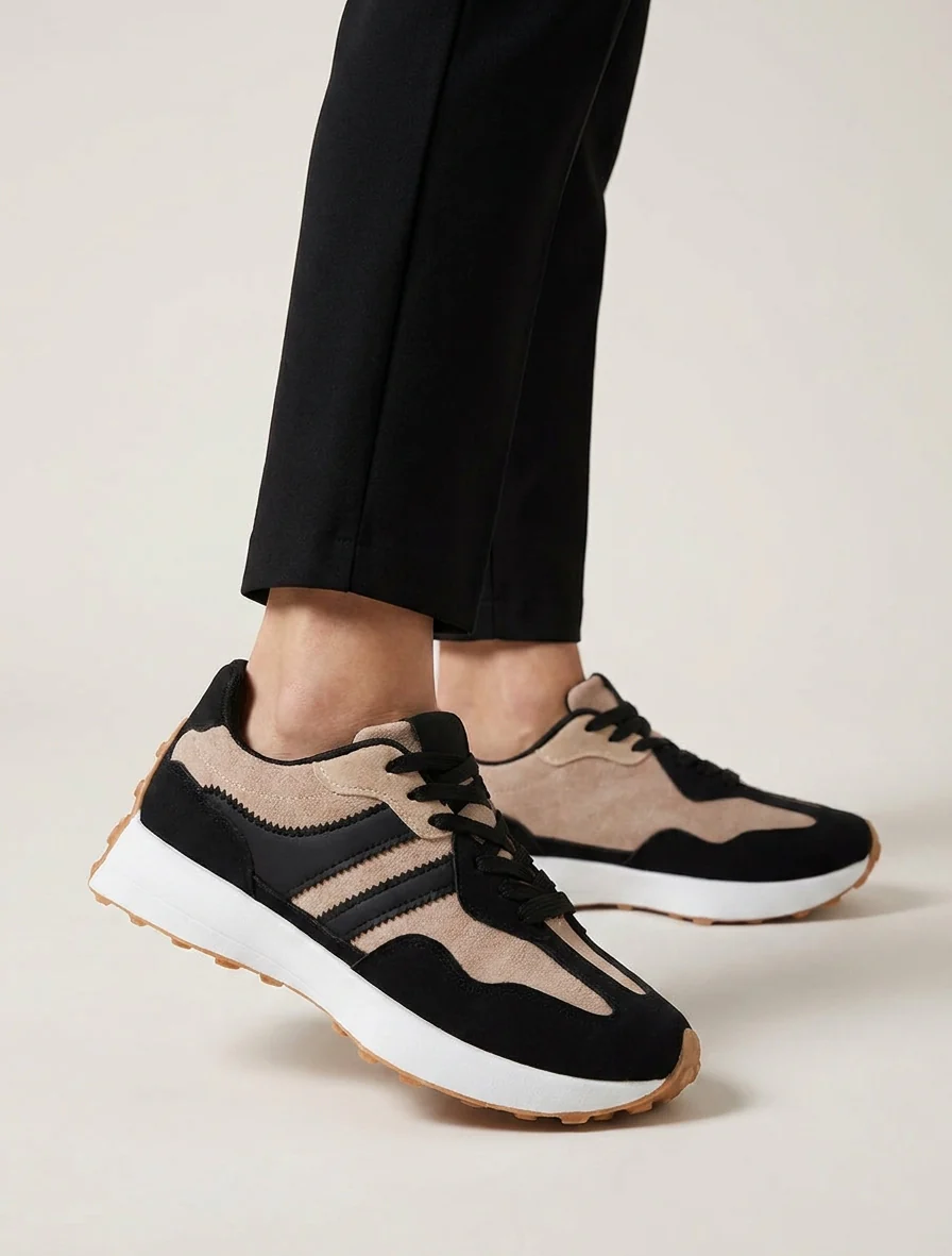 Sneakers van nubuck-effect met contrasterende strepen - Zwart - Image 5