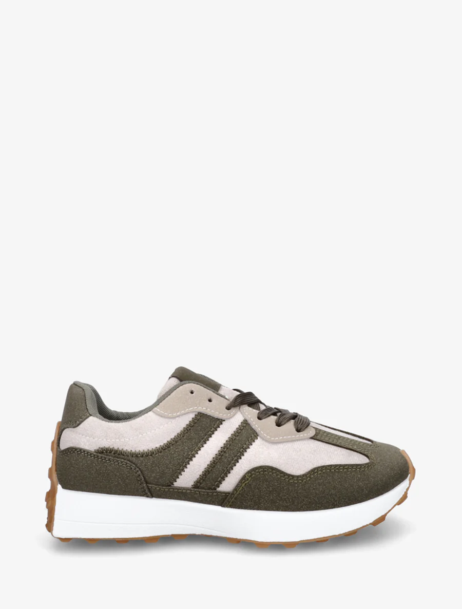 Sneakers van nubuck-effect met contrasterende strepen - Kaki