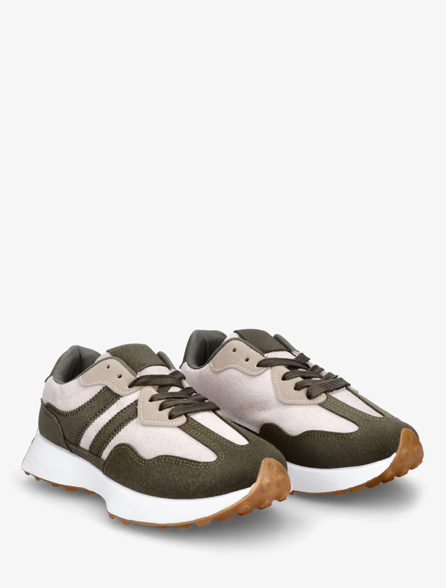Sneakers van nubuck-effect met contrasterende strepen - Kaki - Image 4