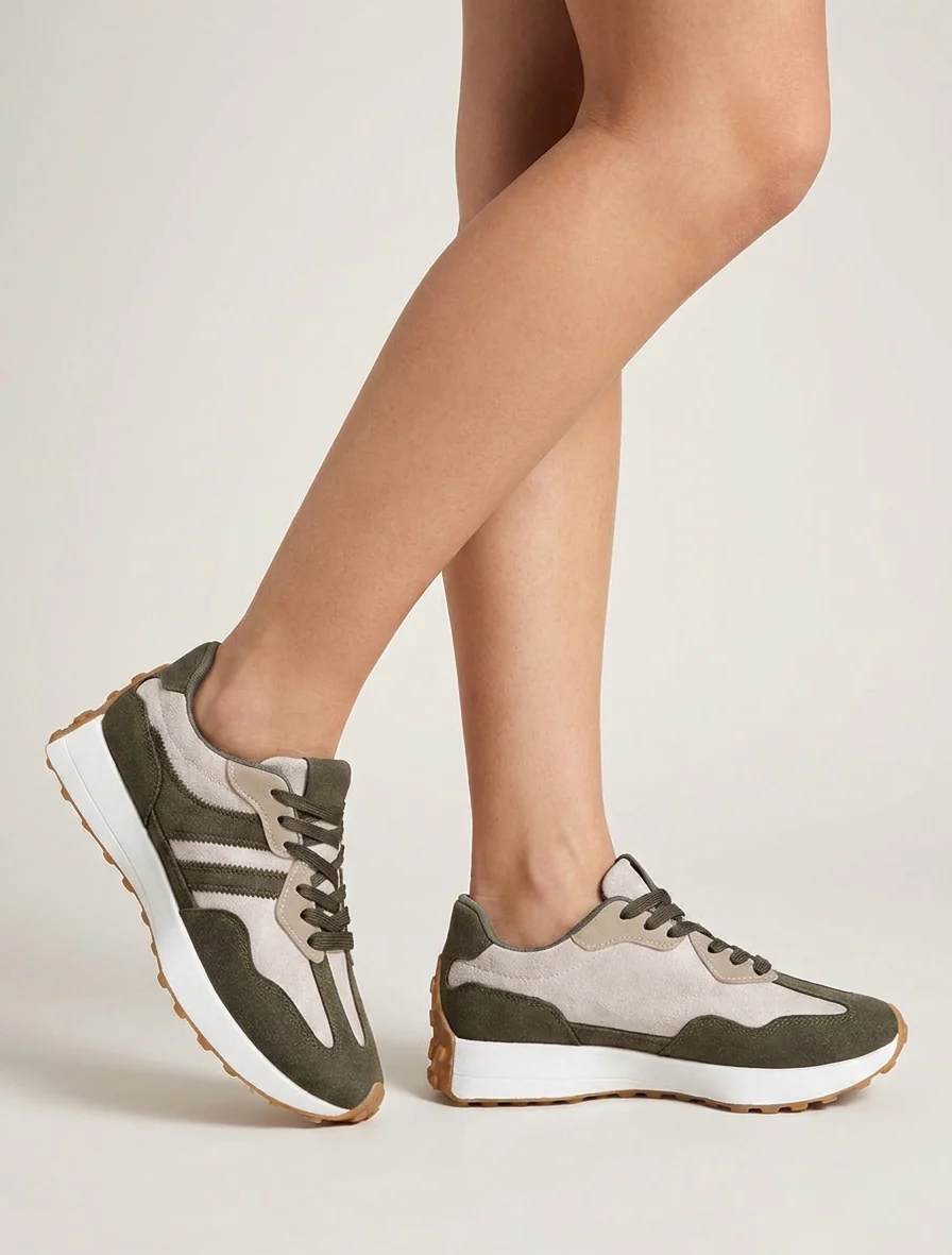 Sneakers van nubuck-effect met contrasterende strepen - Kaki - Image 5