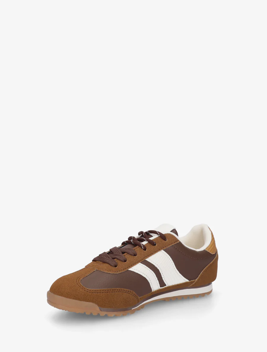 Sneakers van twee materialen met contrasterende strepen. - Bruin - Image 3