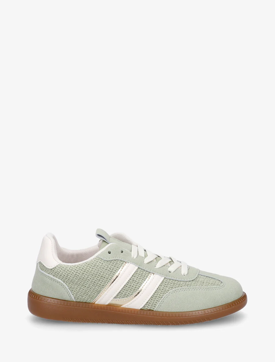 Sneakers van twee materialen met contrasterende strepen. - Amandelgroen