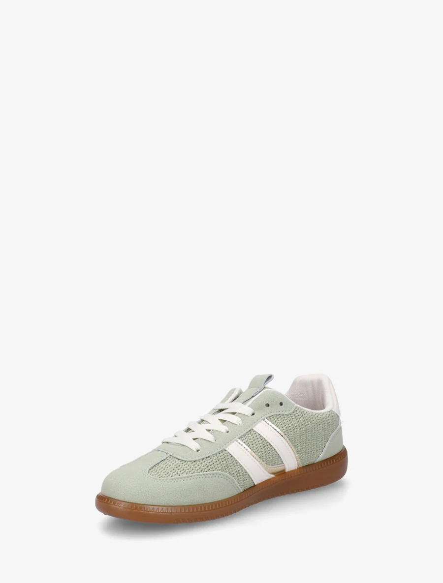 Sneakers van twee materialen met contrasterende strepen. - Amandelgroen - Image 3