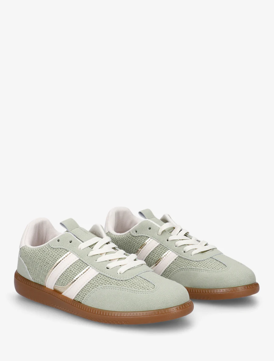 Sneakers van twee materialen met contrasterende strepen. - Amandelgroen - Image 4