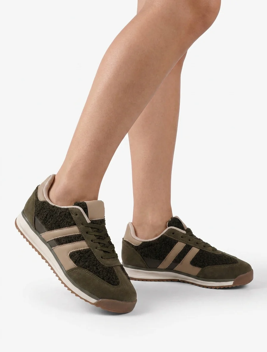 Sportschoenen van stof in bouclé-wol stijl - Kaki - Image 5
