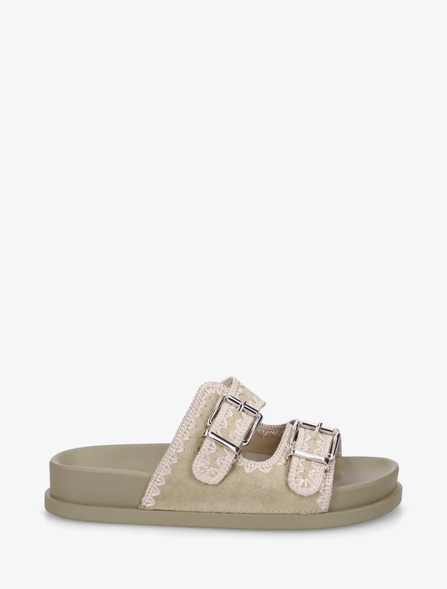 Suède dubbelgesp sandalen met borduursels - Kaki