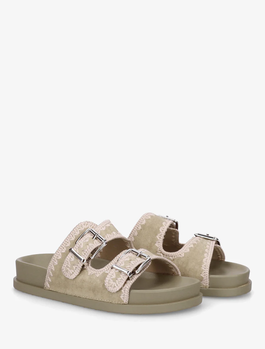 Suède dubbelgesp sandalen met borduursels - Kaki - Image 4