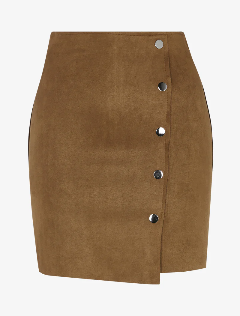 Suède mini-rok met decoratieve knoopsluiting - Kameel