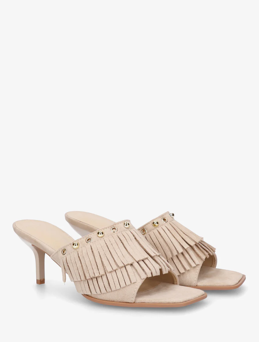Suède muiltjes met franjes en studs - Beige - Image 4
