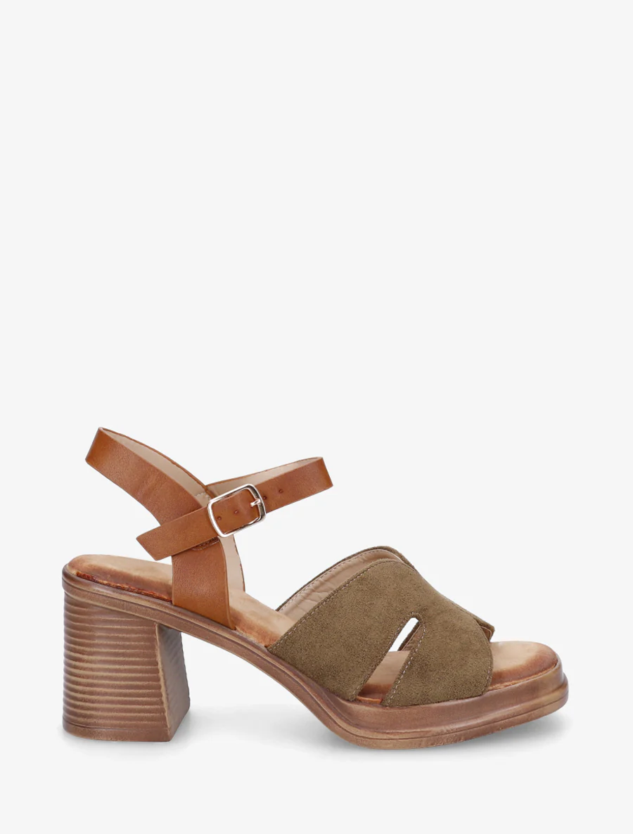Suède sandalen met blokhak - Kaki