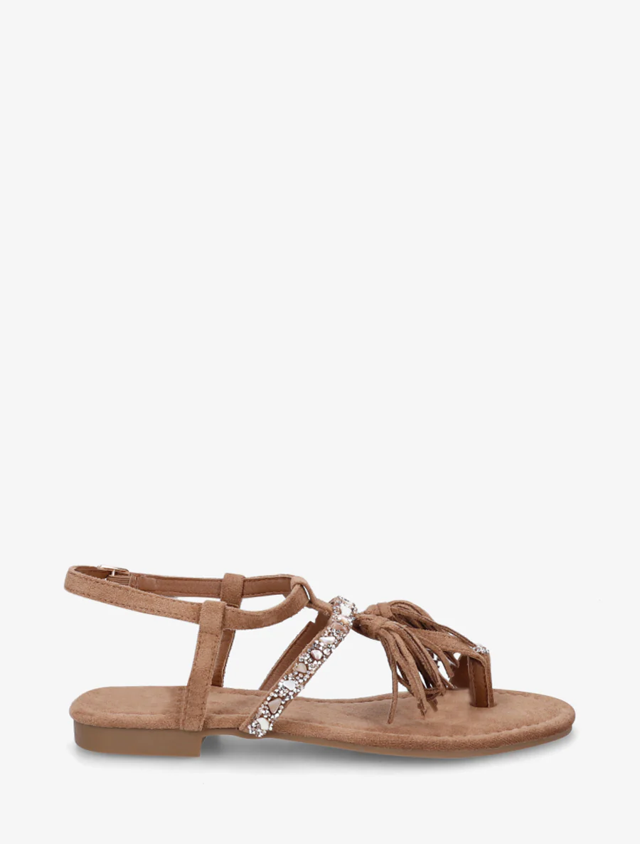 Suède sandalen met strass en stenen - Kameel