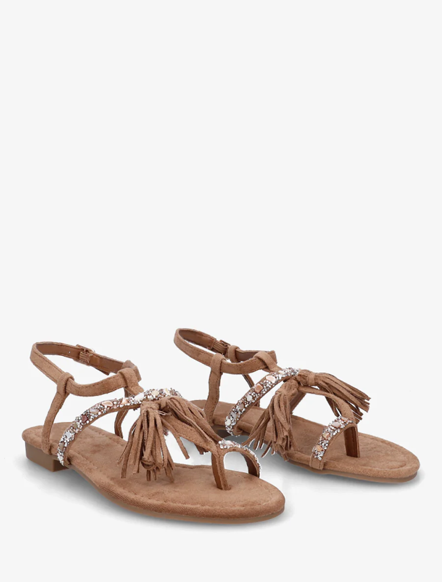 Suède sandalen met strass en stenen - Kameel - Image 4
