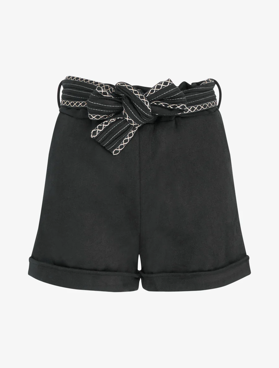 Suède short met geborduurde riem - Zwart