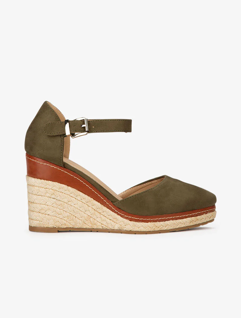 Suède sleehakken met raffia zool - kaki