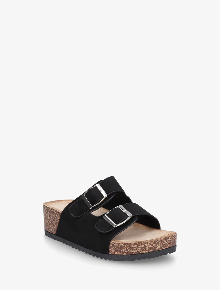 Suède slippers met kurkeffectzool - Zwart - Image 2