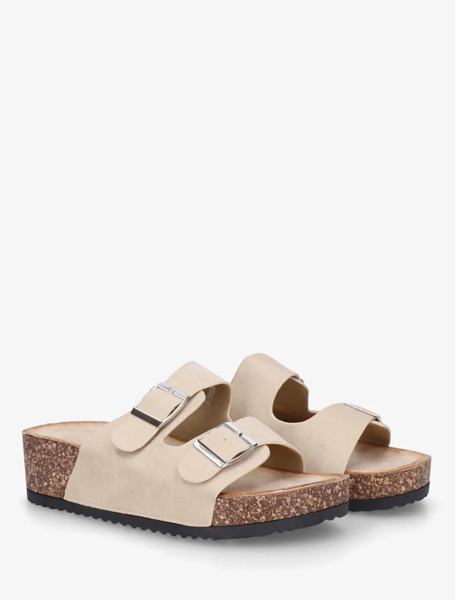 Suède slippers met kurkeffectzool - Beige - Image 4