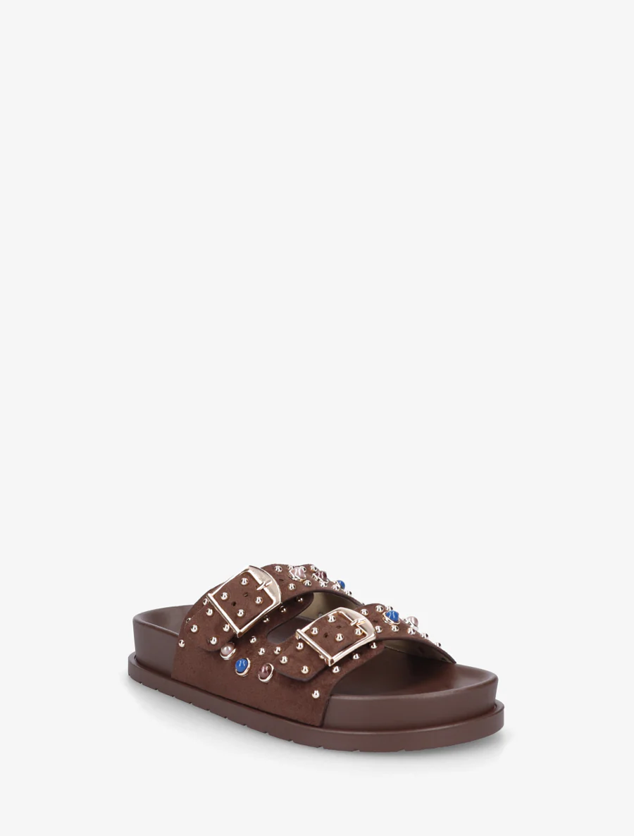 Suède slippers met parels en studs - Bruin - Image 2